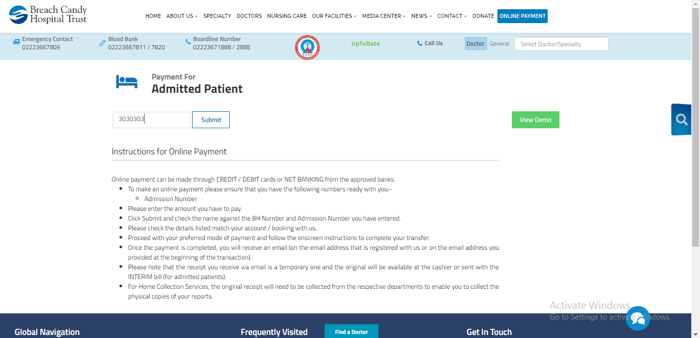 BCH Payment for admitted Patient